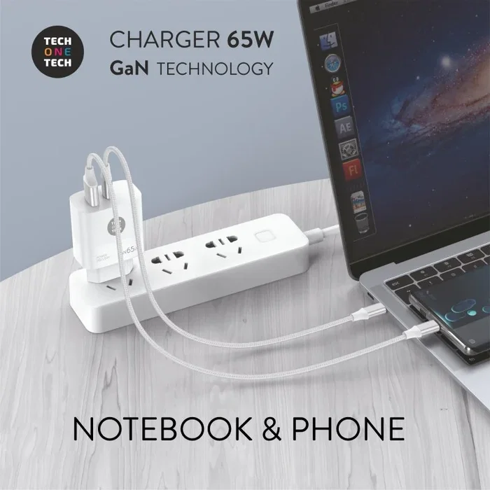 Tech One Tech Cargador GaN TEC2270 65W Pared USB-C + USB-A Carga Rápida PD 3.0, Compatible con MacBook, iPhone, Tablet, Portátil - Blanco